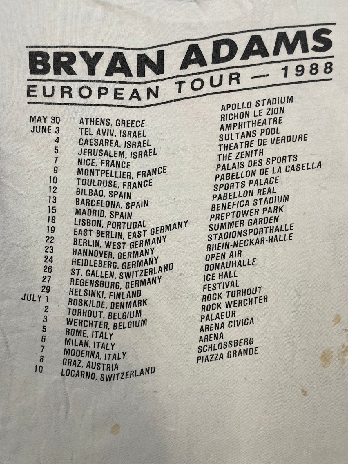 Vintage 1988 Bryan Adams European tour tee