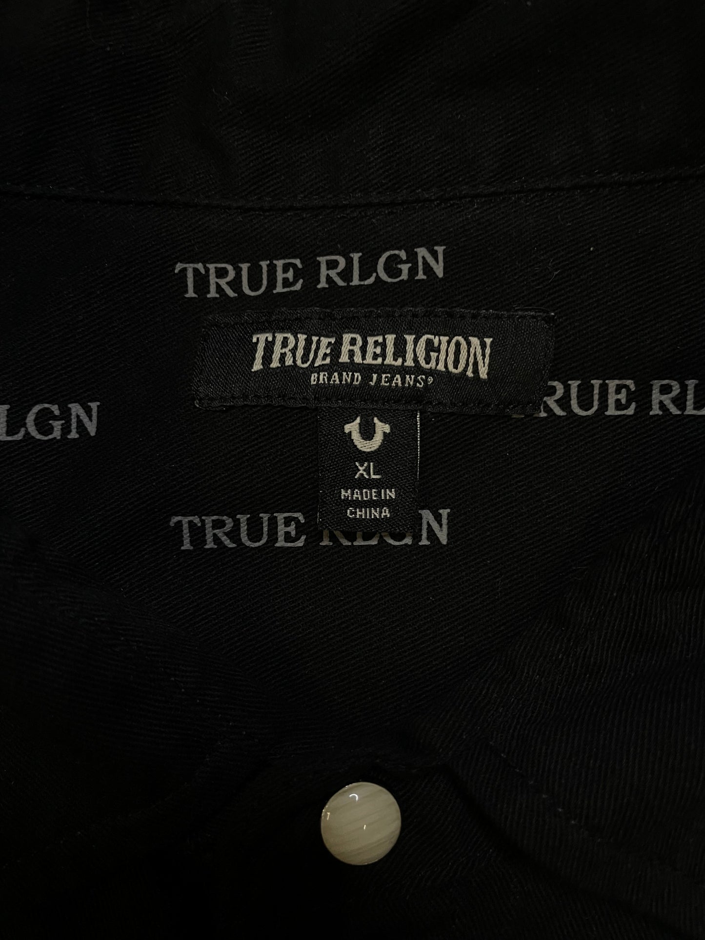 True Religion black and white embroidered button up