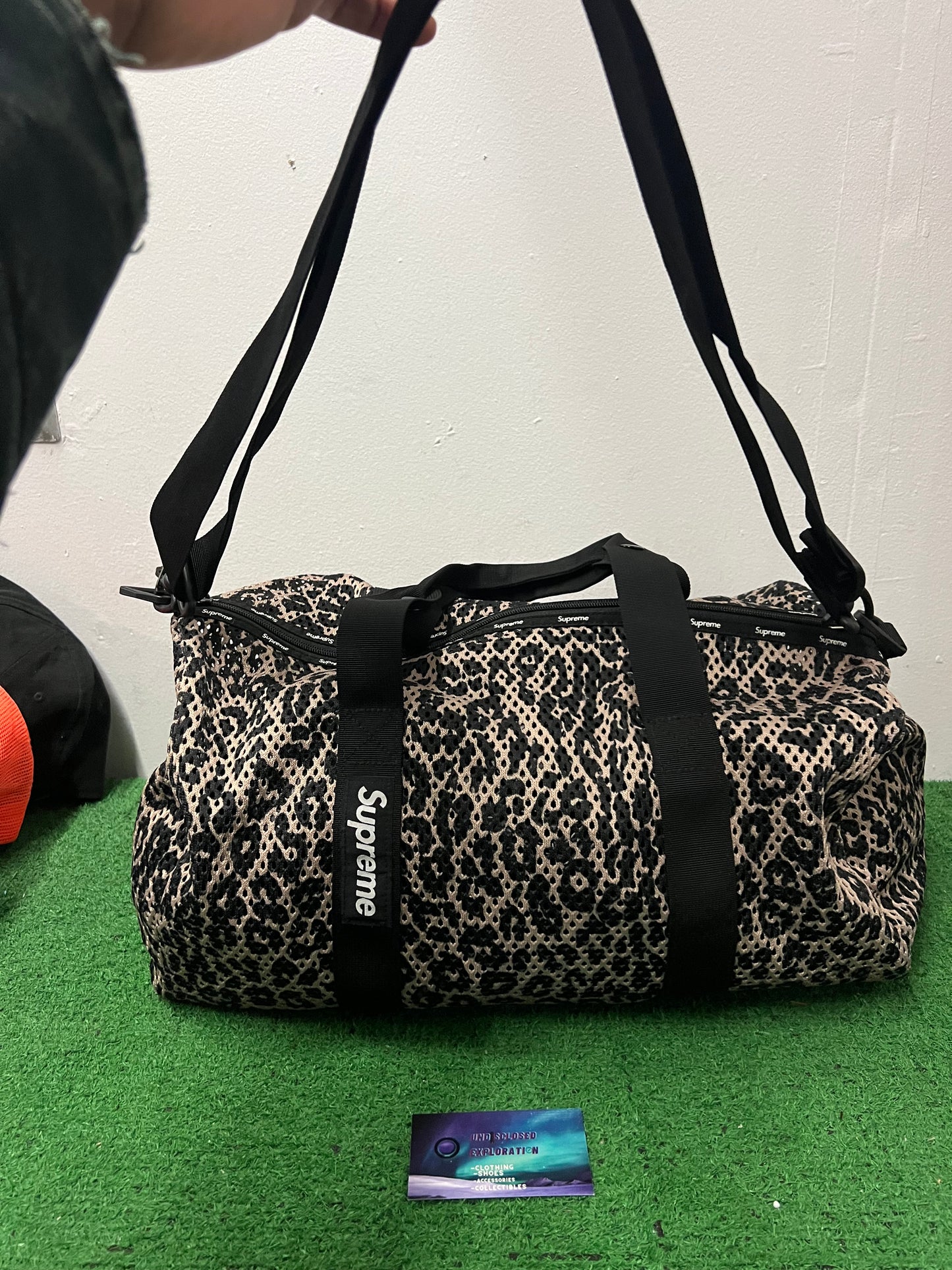 Supreme mesh leopard duffle bag