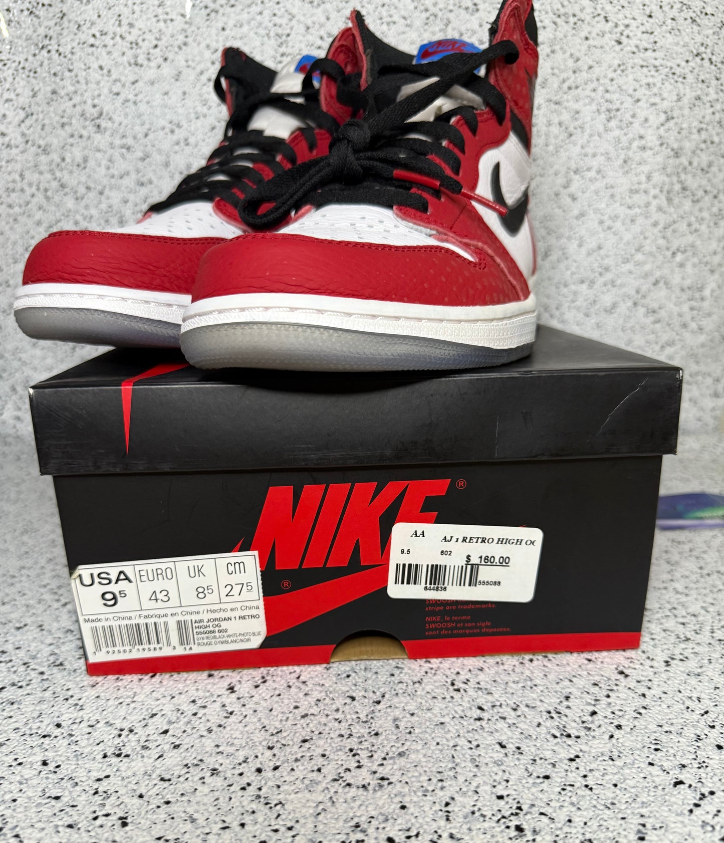Jordan 1 Spider Man Origin Story 9.5 Men/11 Women “Preowned”