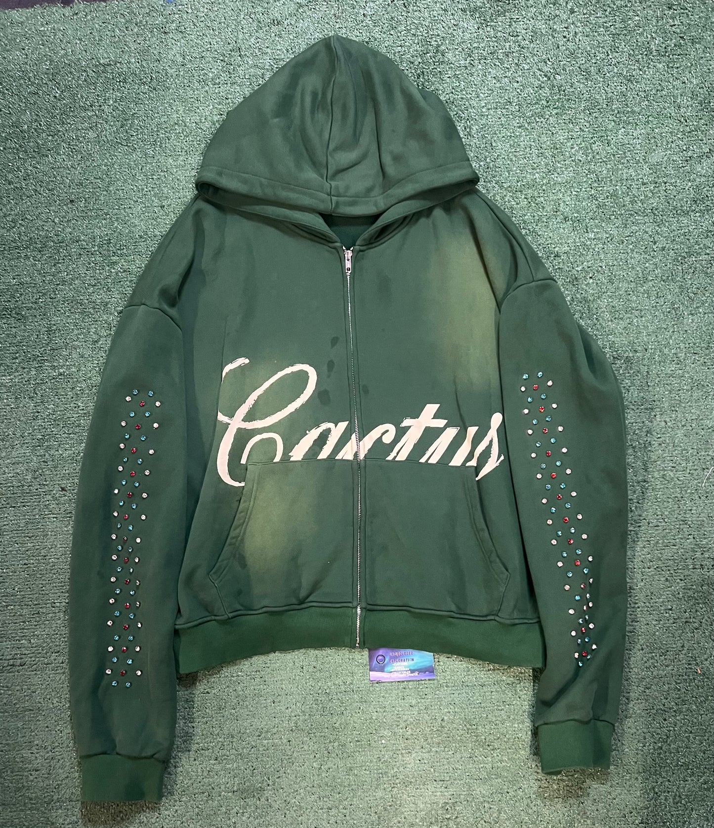 Cactus valley forest green rhinestone zip up hoodie