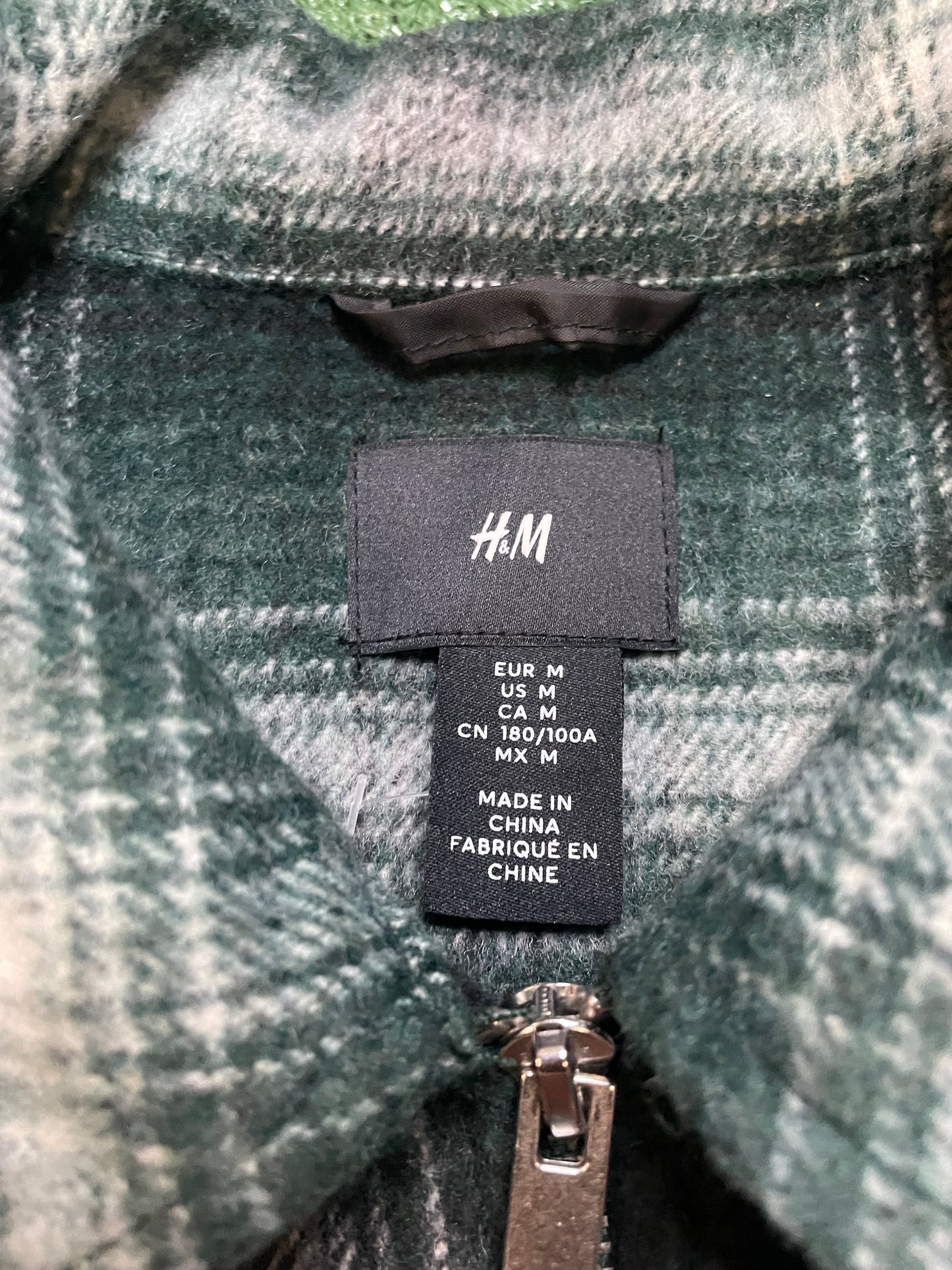 H&M wool blend white and green zip up flannel