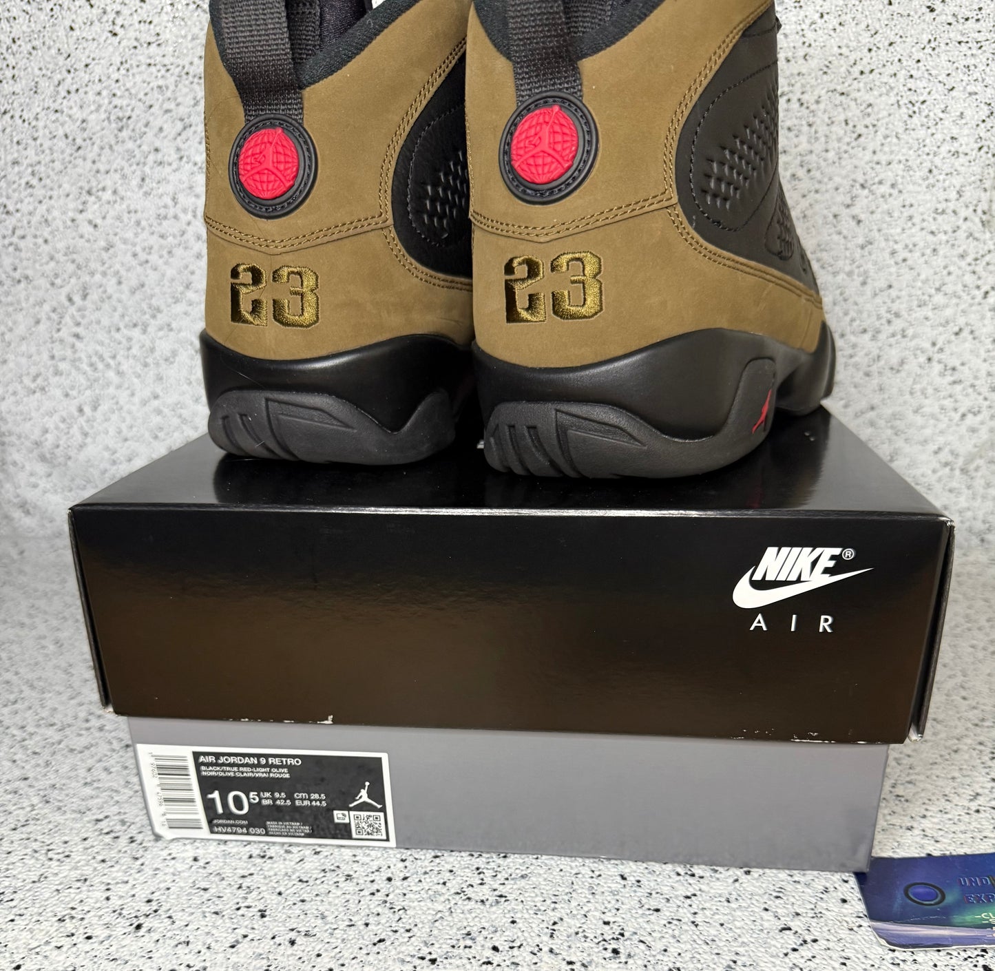 Jordan 9 Olive 10.5 Men/12 Women “Preowned”