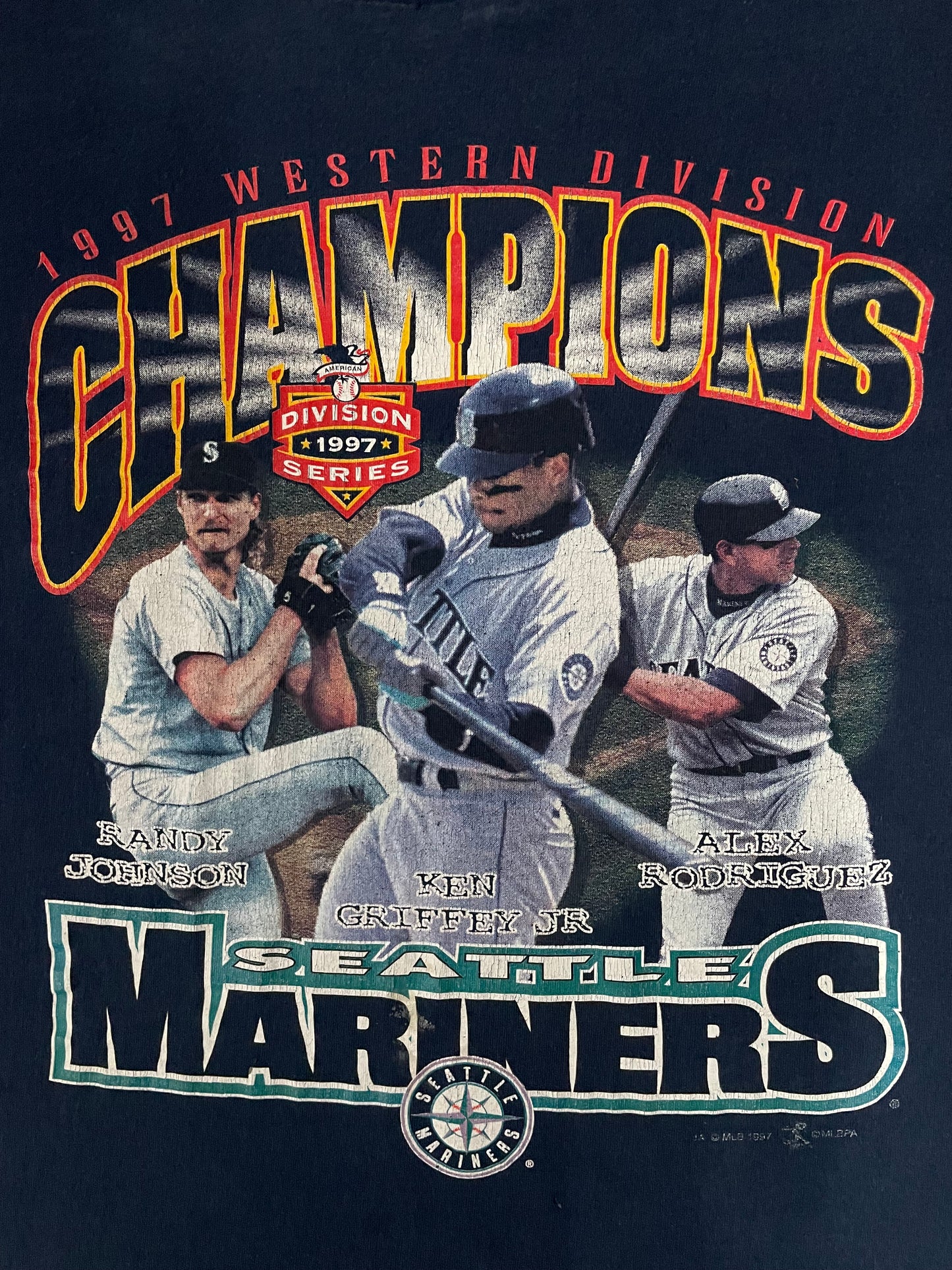 Vintage 1997 western division champions Seattle mariners Randy Johnson Ken Griffey jr Alex Rodriguez tee