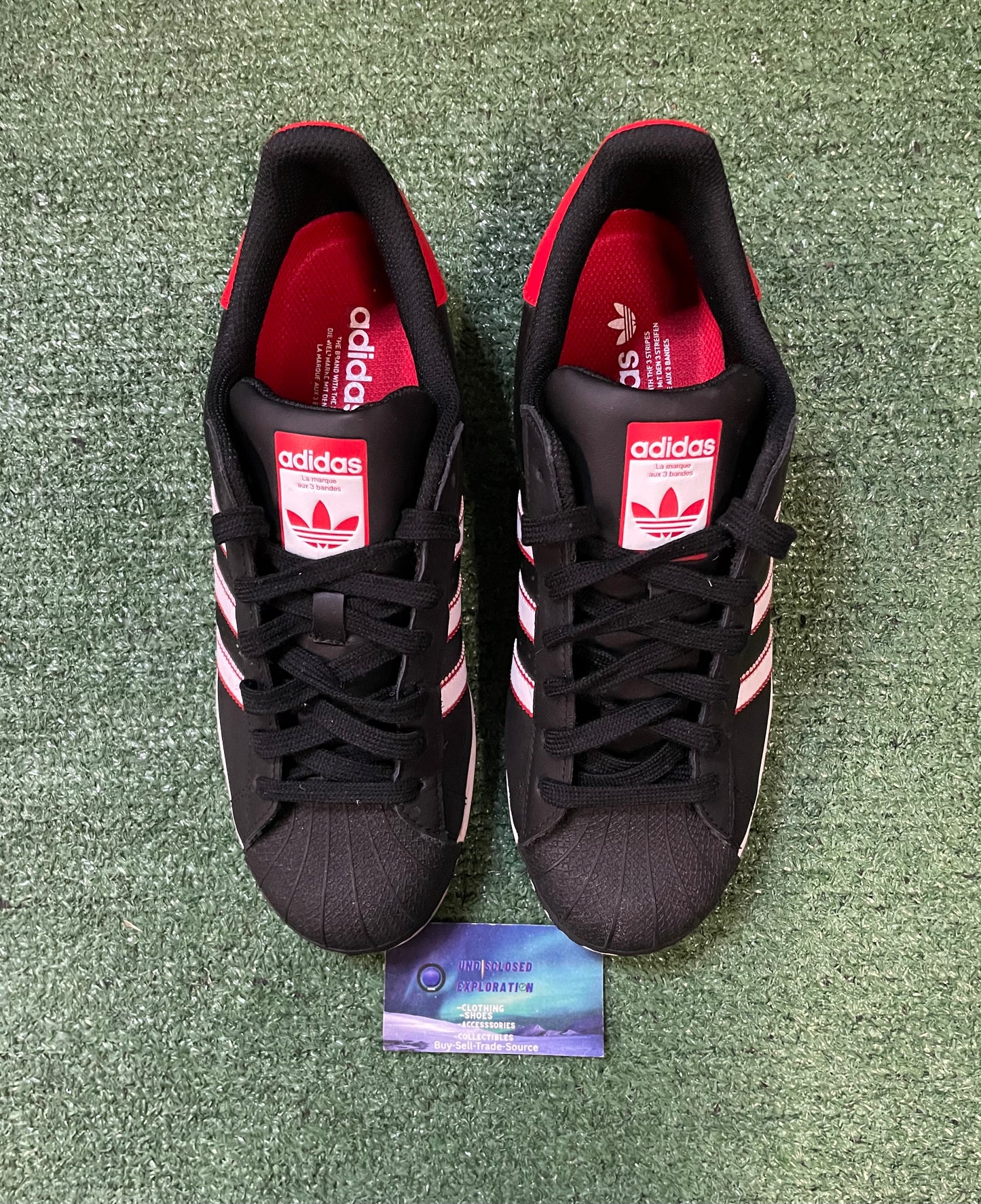 Adidas superstar black white scarlet size 10men/11.5women
