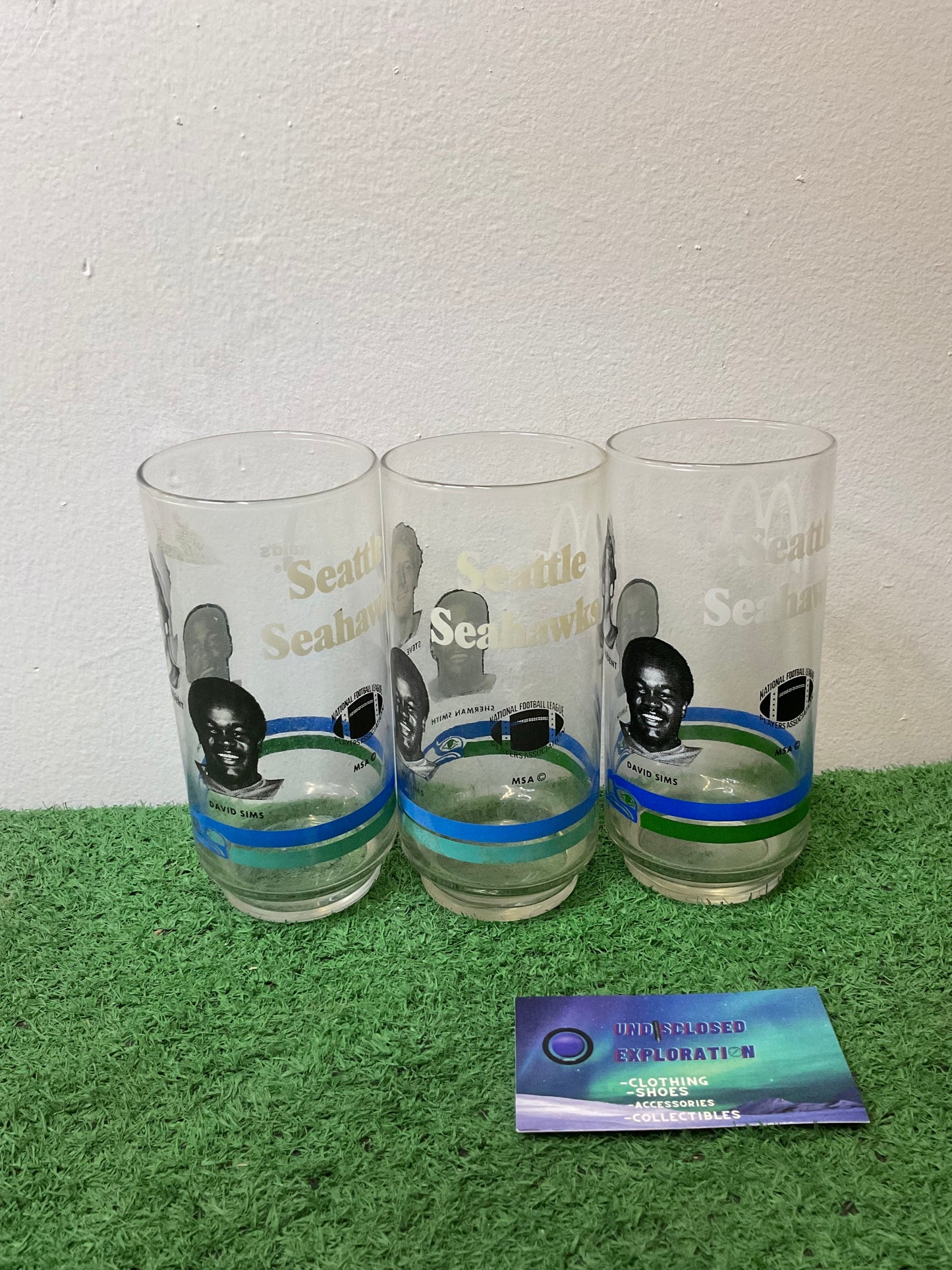 Vintage 1970s Seattle Seahawks Steve Largent Sherman Smith David Sims McDonald’s Glass Cup Set