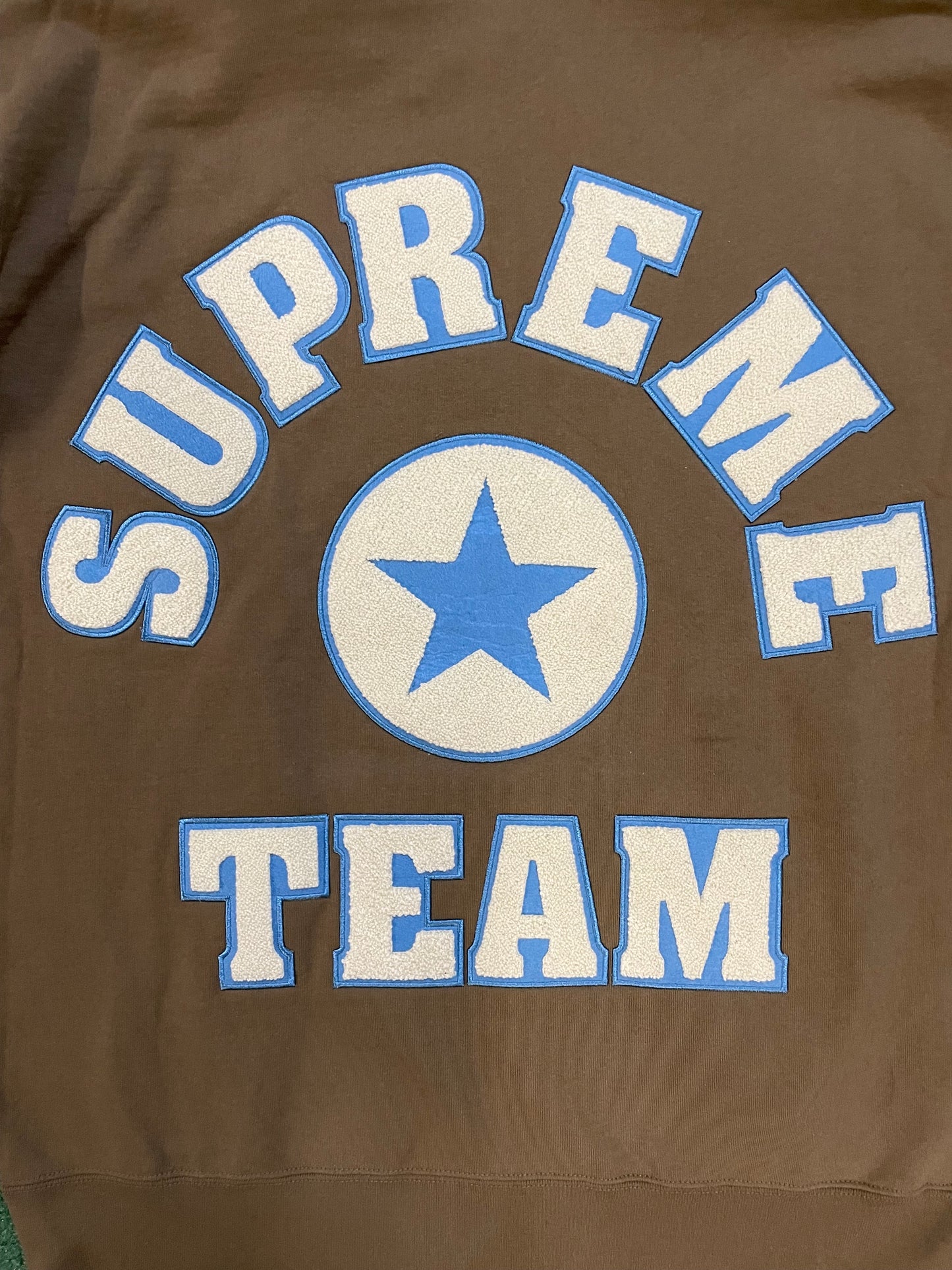 Supreme team chenille olive brown hoodie