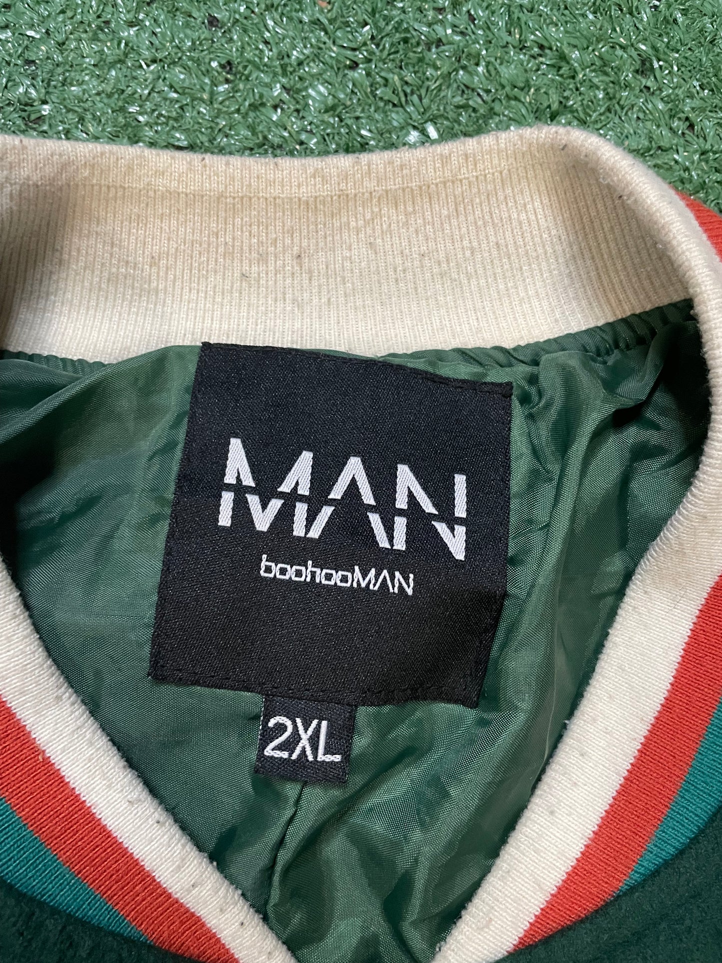BOOHOOMAN green & orange varsity jacket