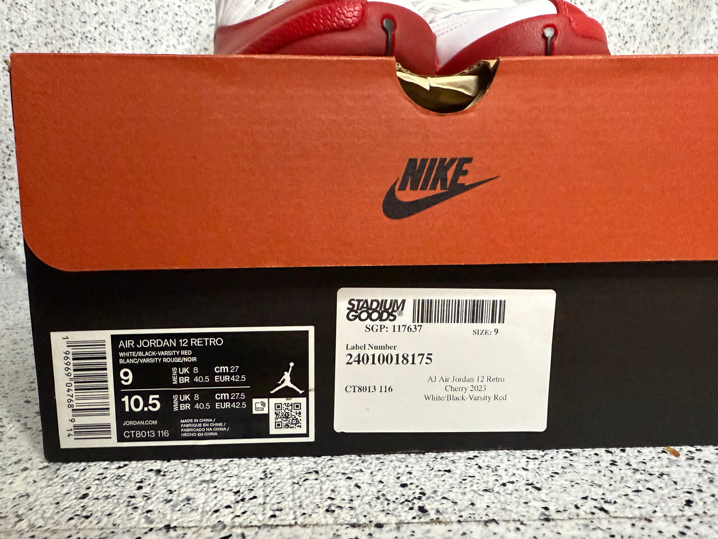 Jordan 12 Cherry 9 Men/10.5 Women “Preowned”