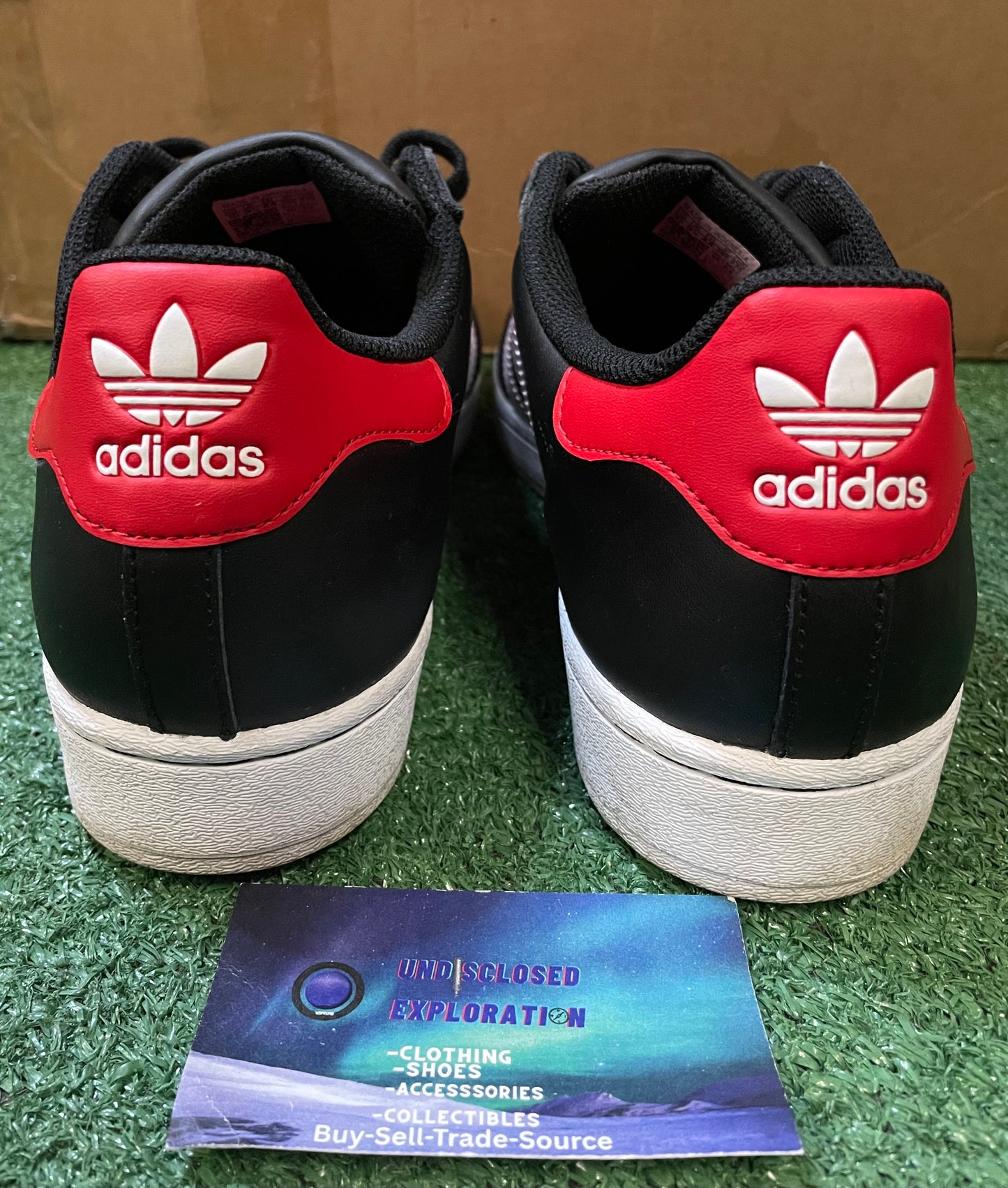 Adidas superstar black white scarlet size 10men/11.5women