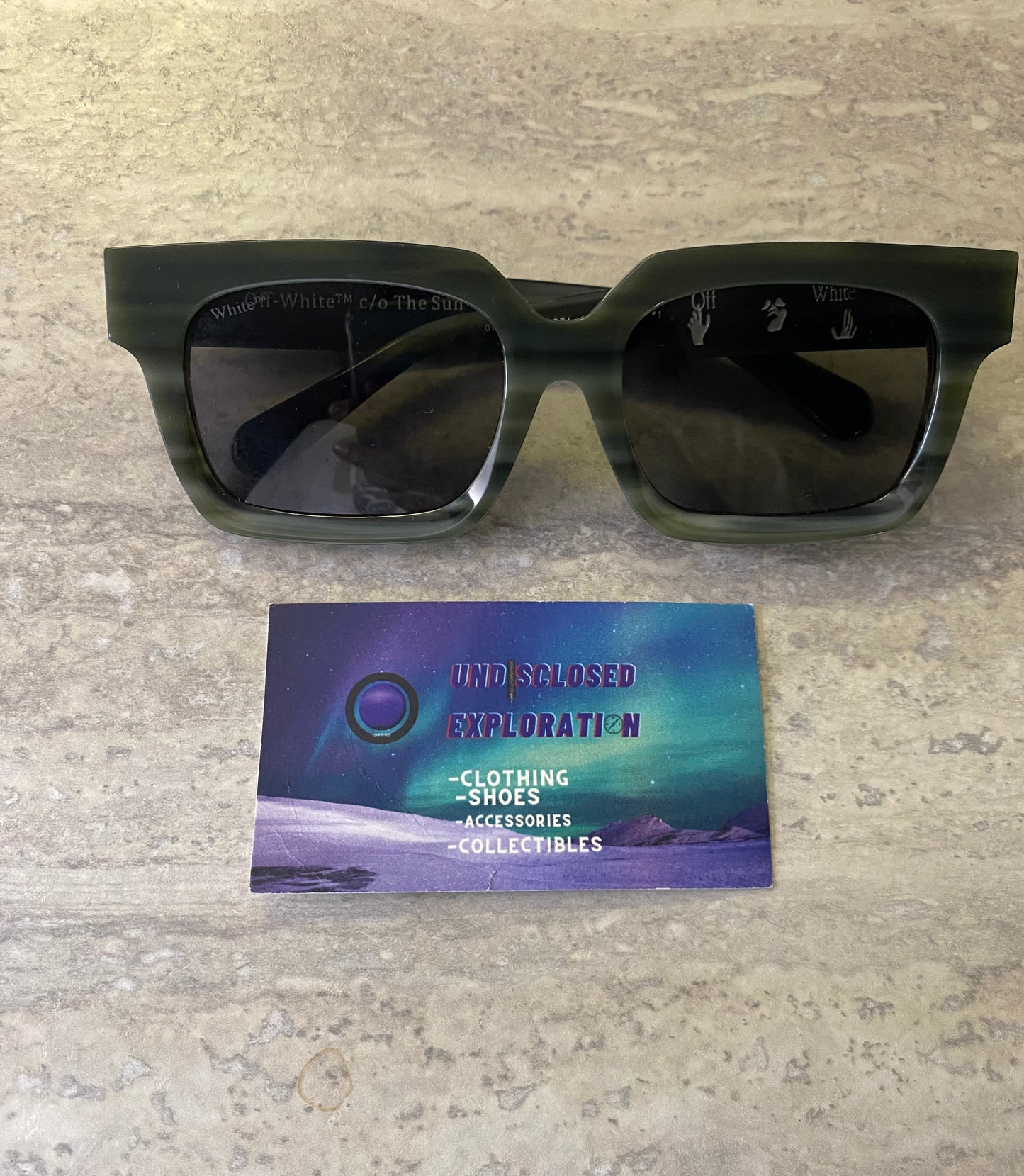 Off-white square dark sage green sunglasses
