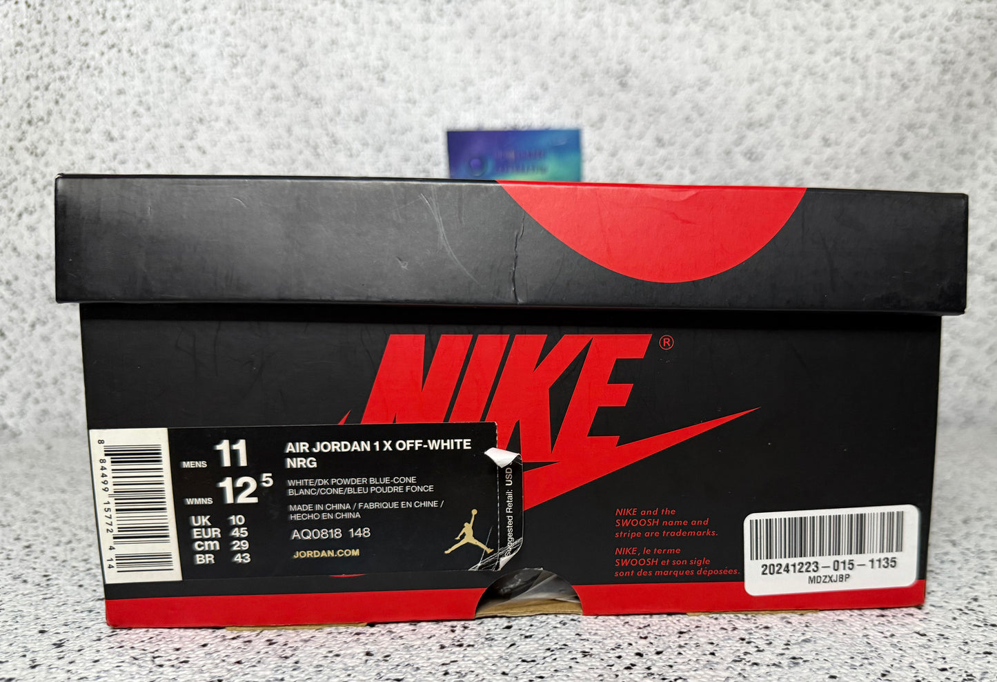 Jordan 1 Off White UNC University Blue 11 Men/12.5 Women “Preowned”