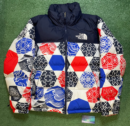 The North Face Nuptse 700 blue IC geo print jacket