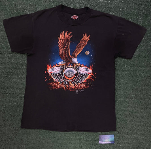 Vintage 1980s Harley Davidson eagle engine 3D emblem tee