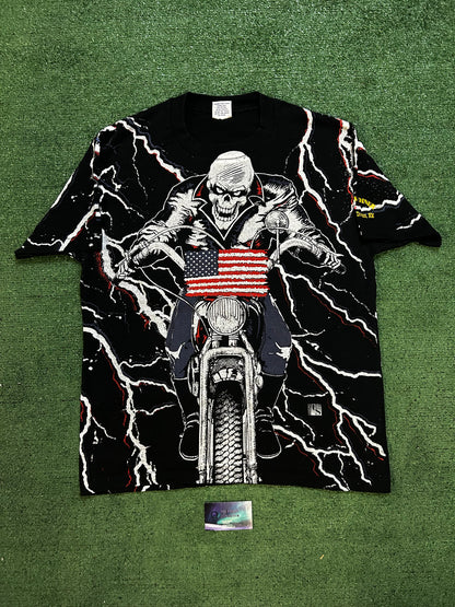 Vintage 1990s USA motorcycle all over print skeleton tee