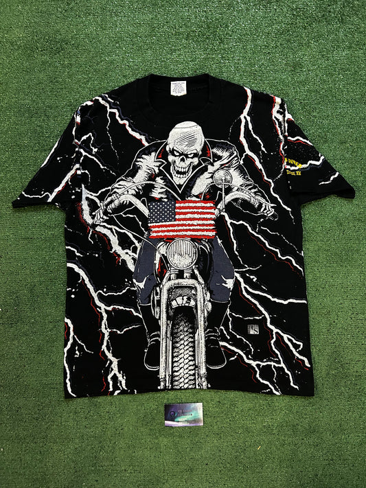 Vintage 1990s USA motorcycle all over print skeleton tee