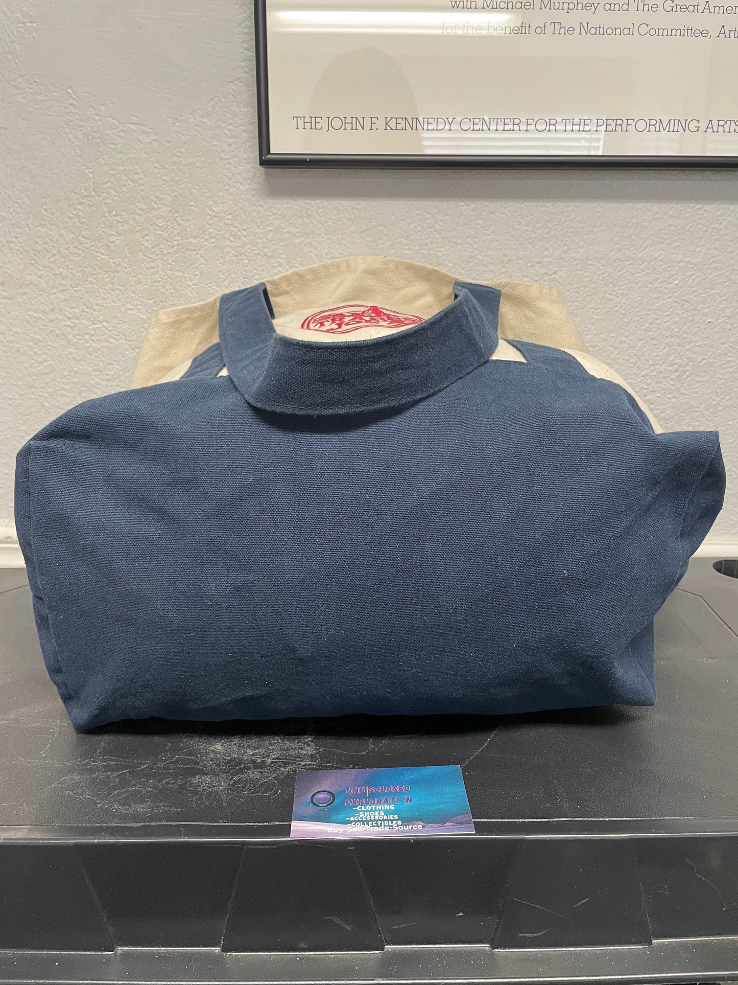 Trader Joe’s heavy duty cream and navy tote bag