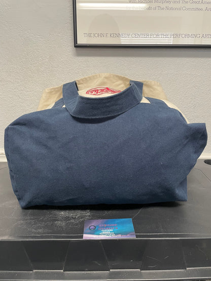 Trader Joe’s heavy duty cream and navy tote bag
