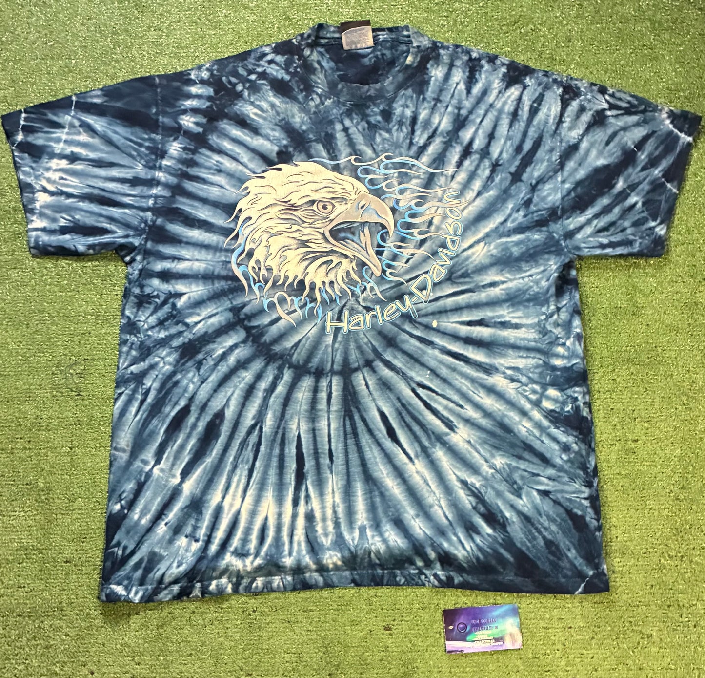 Vintage 1990s Harley Davidson blue and white tie dye tee