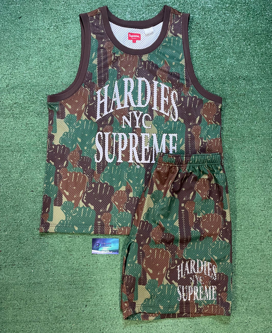 Supreme Hardies NYC rhinestone jersey and shorts set