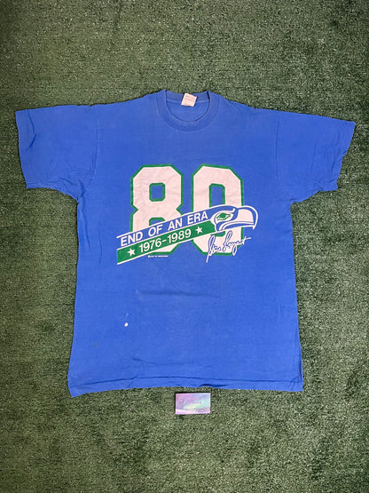 Vintage 1989 Seattle Seahawks Steve Largent End of An Era! NFL Football Tee