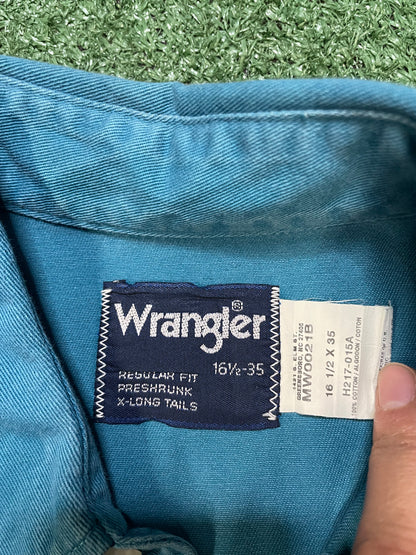 Vintage 1990s Wrangler brushpopper turquoise button up shirt