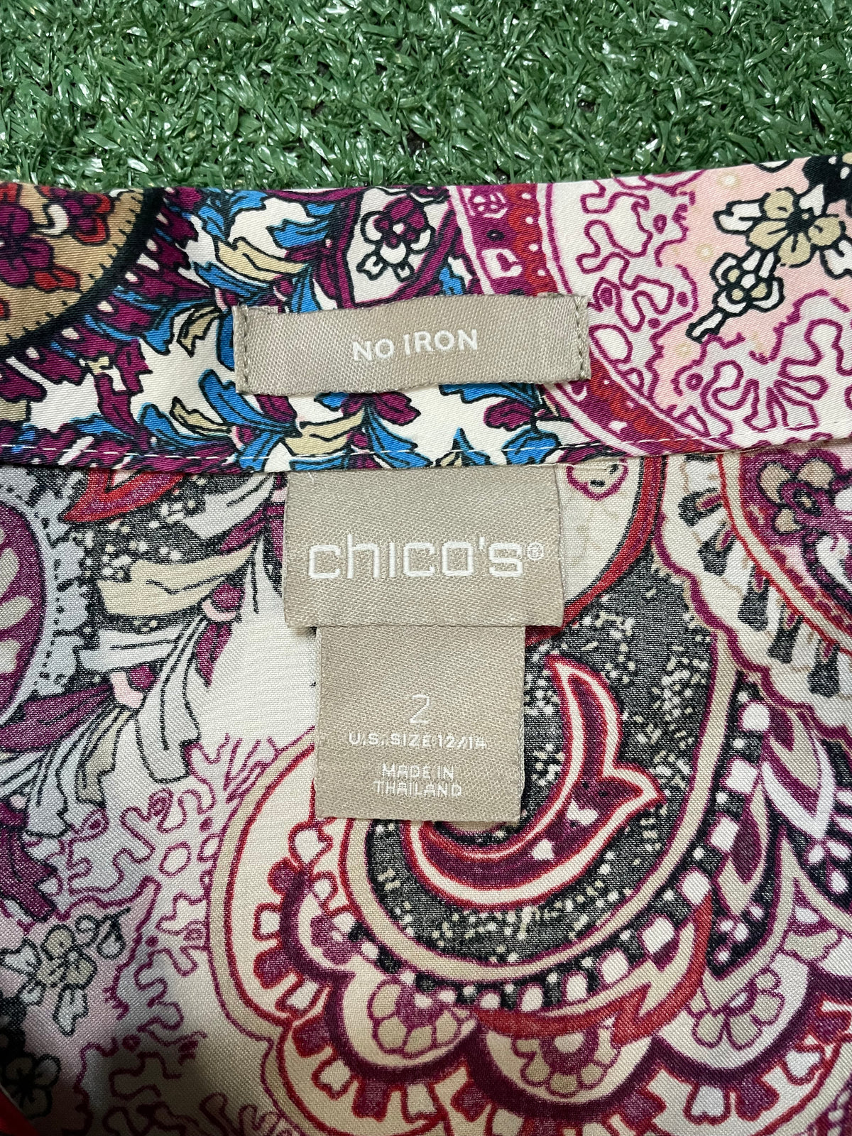Chico’s mixed-print paisley and geometric button up