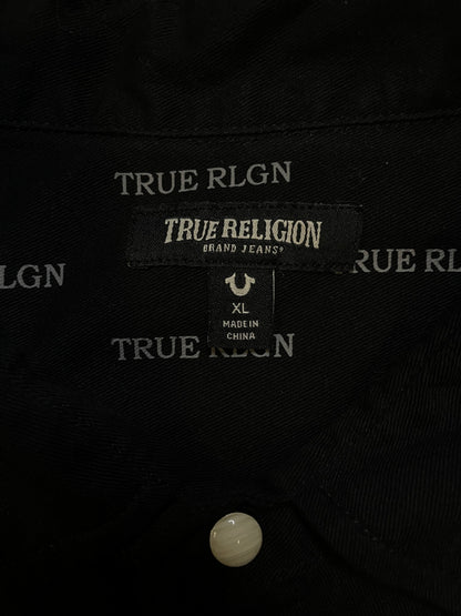 True Religion black and white embroidered button up