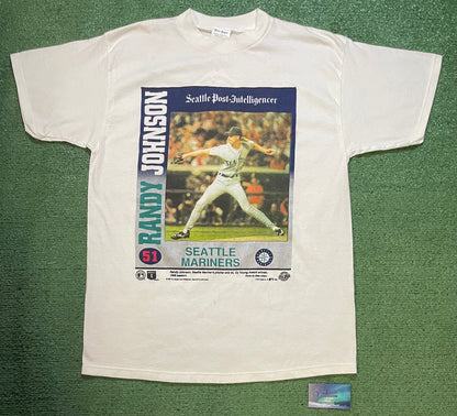 Vintage 1990s Randy Johnson Seattle Mariners newspaper tee
