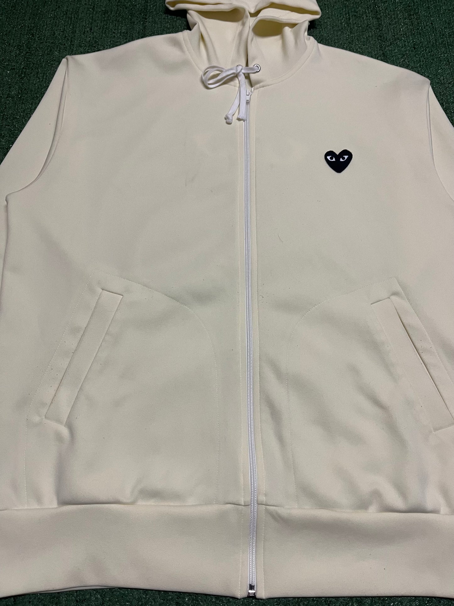 Comme Des garcon big black heart zip up ivory hoodie