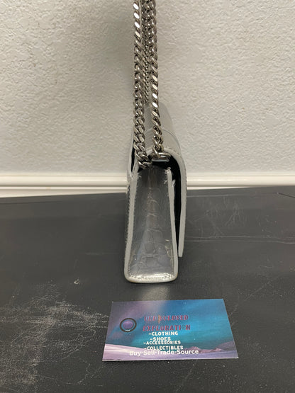 Balenciaga silver Metallic Crocodile Hourglass Chain purse