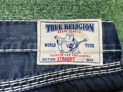 True Religion dark wash red stitching straight jeans