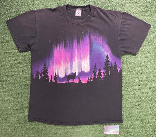 Vintage 1990s Wolf northern lights tee