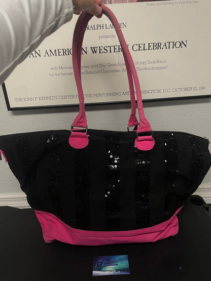 Victoria's Secret black and pink sequin tote bag