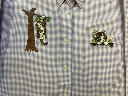 H&J embroidered cat embroidered white and purple button up
