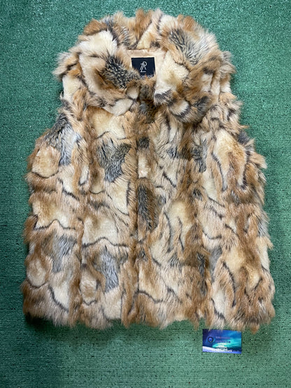 Rachel Zoe Camel Brown Tan Leopard Faux Fur Satin Lined Vest