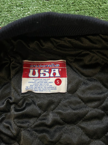 Vintage 1990s navy and orange varsity jacket
