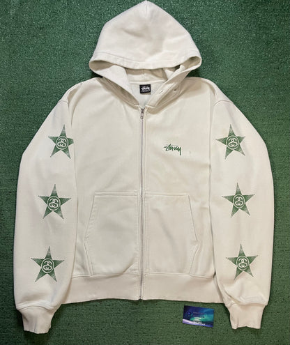 Stussy star zip up white & green hoodie