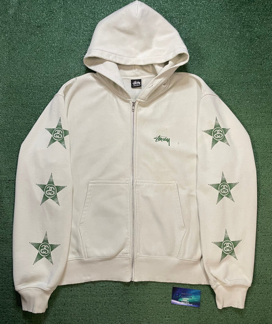 Stussy star zip up white & green hoodie