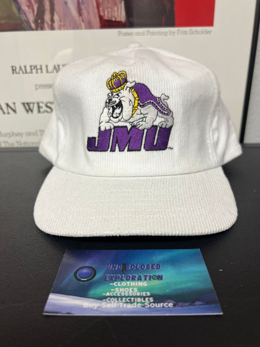 Vintage 1990s white corduroy embroidered mascot James Madison University hat