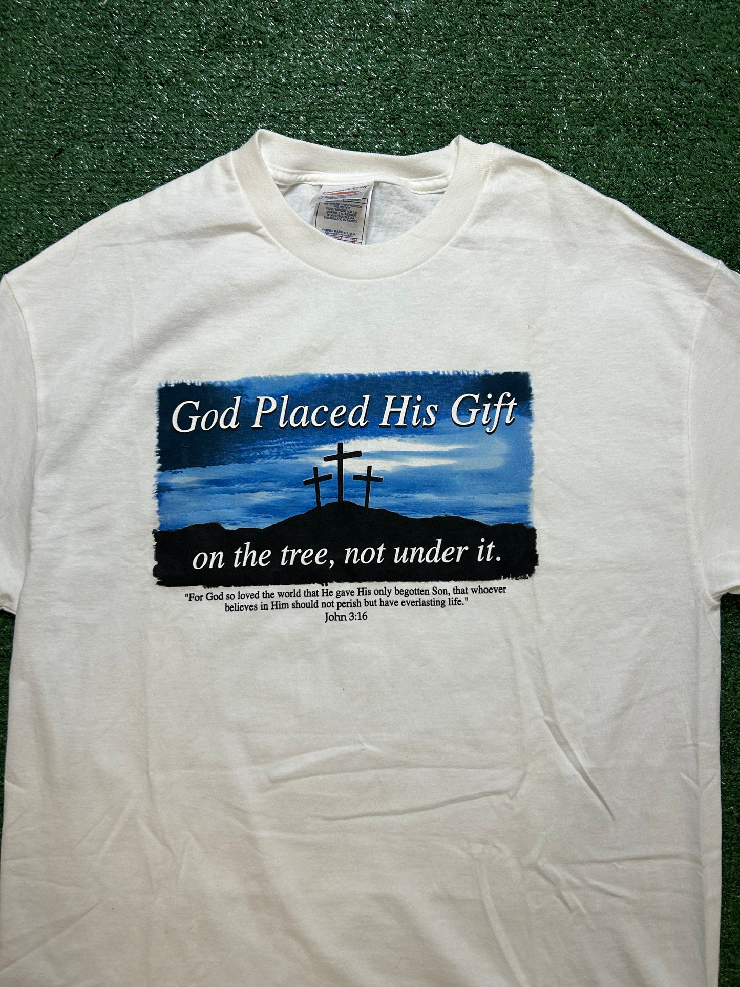 Vintage 1990s  Christian God placed his gift on the tree, not under it