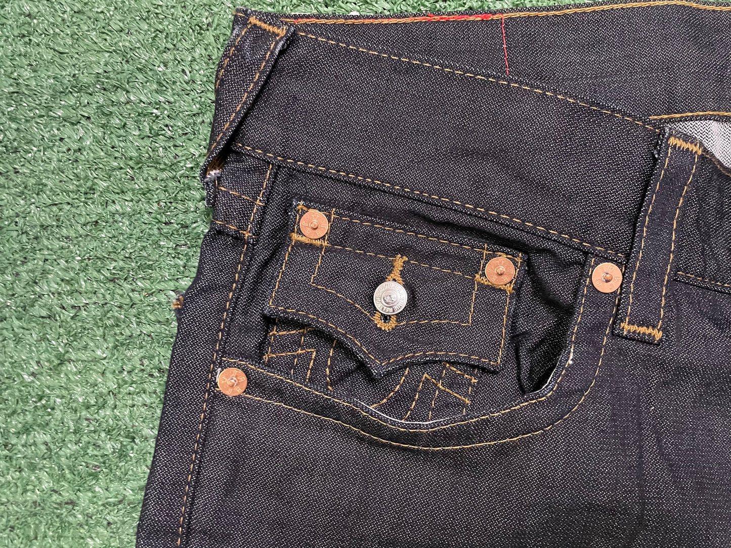 True Religion dark wash  gold stitch jeans
