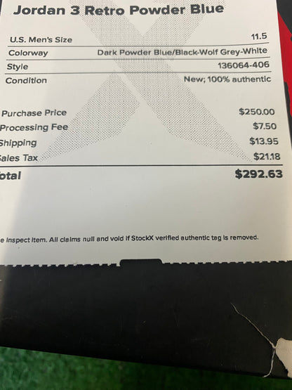 Jordan 3 powder blue size 11.5men/13women