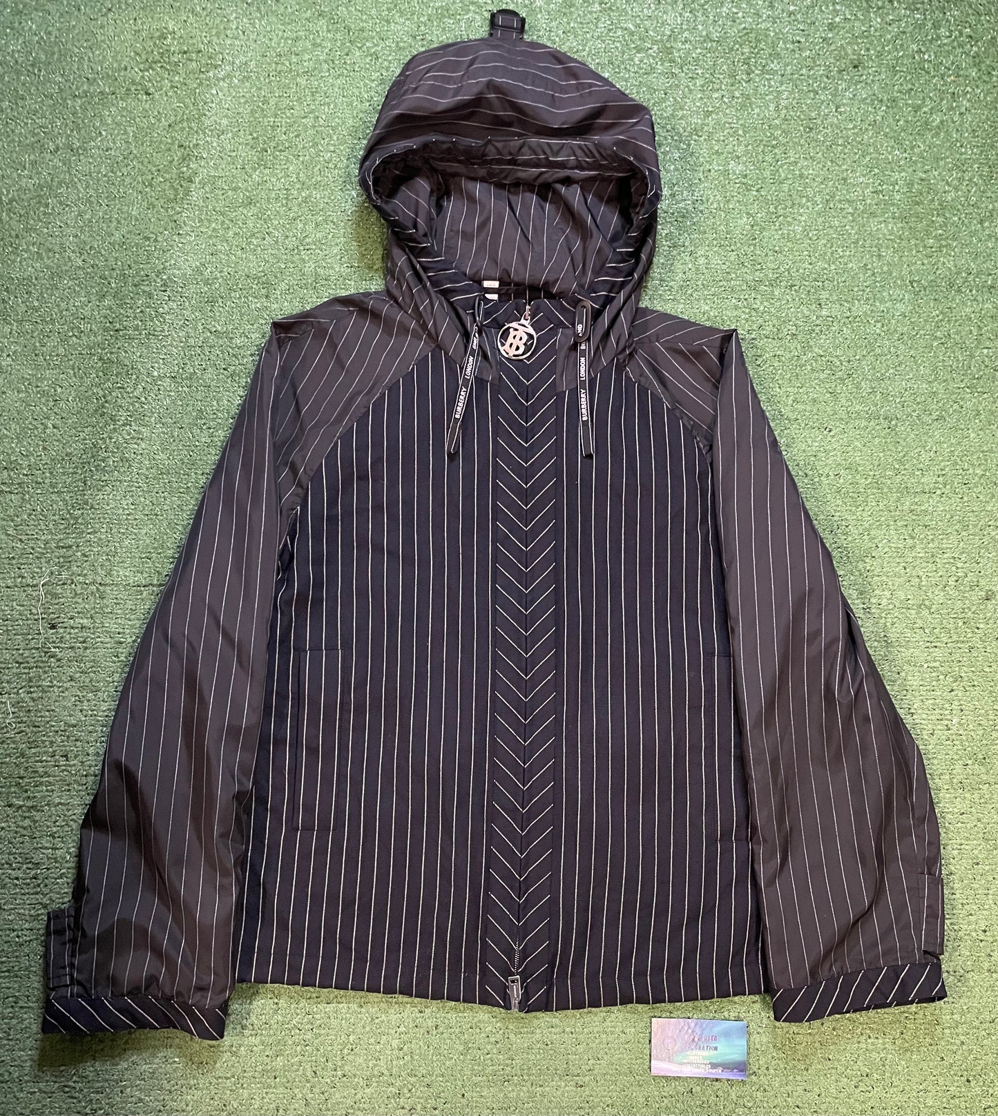 Burberry navy and white pinstripe jacket