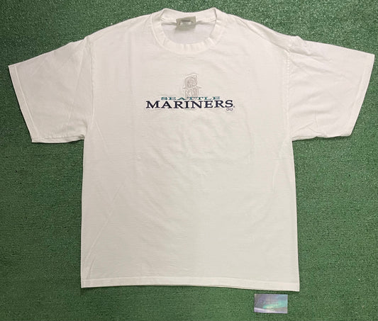 Vintage 1990s Seattle Mariners white embroidered tee