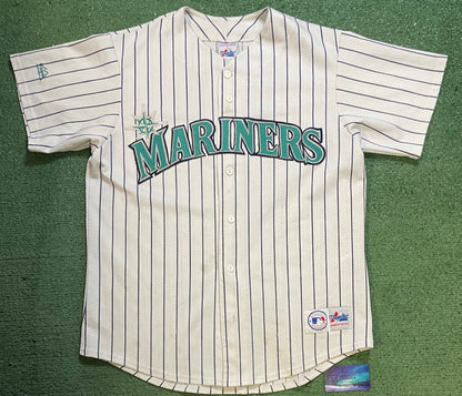 Vintage 1990s Seattle Mariners pinstripe white and teal jersey