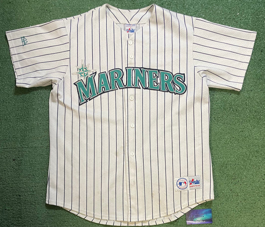 Vintage 1990s Seattle Mariners pinstripe white and teal jersey