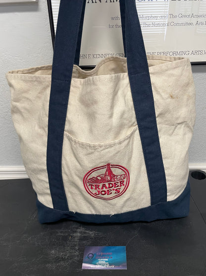 Trader Joe’s heavy duty cream and navy tote bag