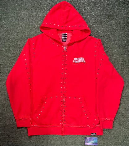 Broken Promises adorned red zip up hoodie