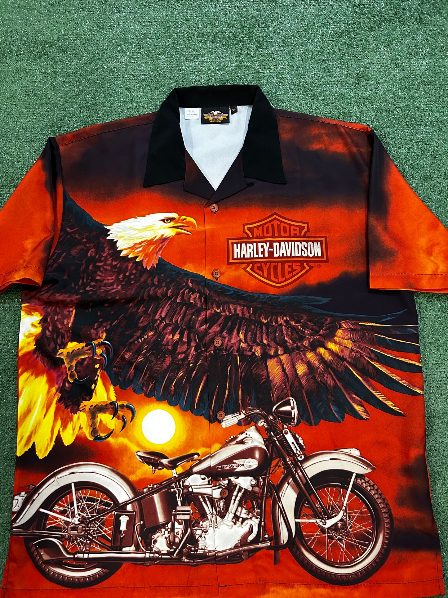Vintage Harley Davidson eagle all over print orange button up